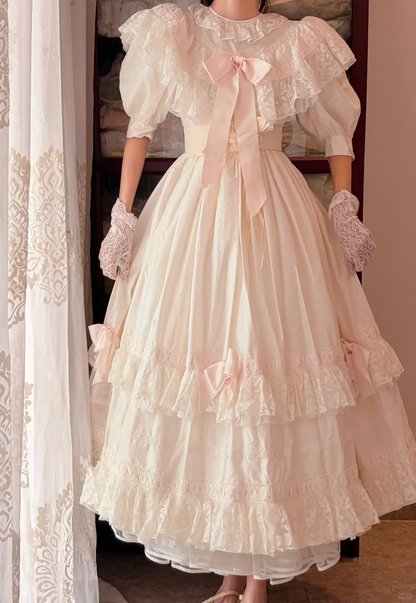 Cream White Vintage Lolita Long Dress, Puff Elbow Sleeve Lace Tiered Ballgown gh9294