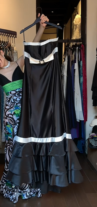 Black White Strapless Evening Gown Satin Contrast Trim Rhinestone Buckle Tiered Ruffle Long Formal Prom Dress gh9753
