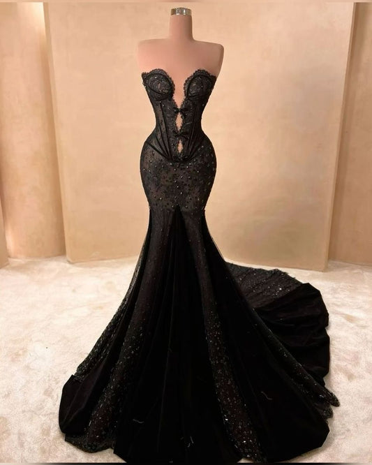 Schwarzes, glamouröses, sexy und funkelndes langes Samt-Abendkleid gh6879