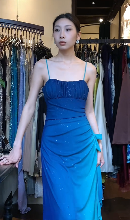 Blue Ombre Spaghetti Strap Long Formal Gown Hand Beaded Ruffle Bow Evening Dress gh9651