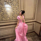 Rosa Retro Elegantes Süßes Kurzarm Lange Rüschen Rückenfreies Schnüren Langes Satin Abendkleid Geburtstagspartykleid Homecomingkleid gh3144
