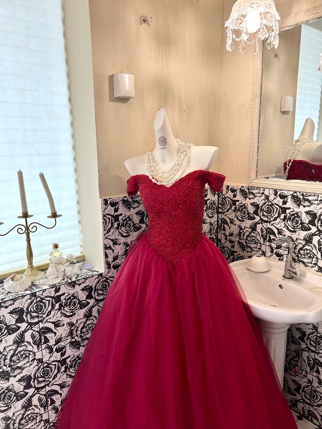 Red Off-the-Shoulder Rhinestone Cinched Waist Voluminous Skirt Long Romantic Dress, Wedding Gown gh7808