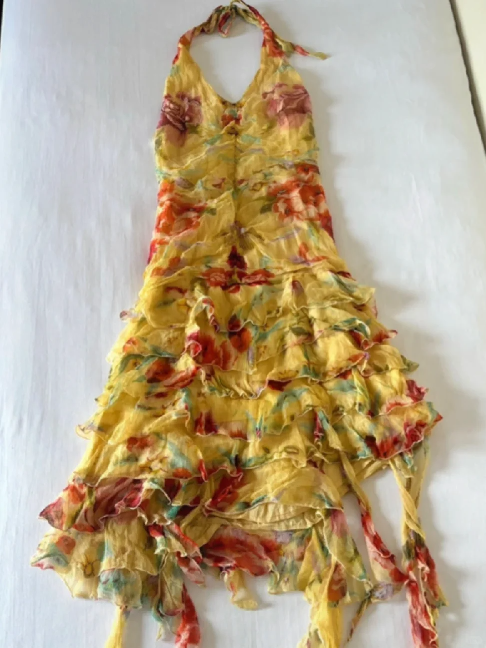 Yellow Vintage Printed Halter Fitted Waist Tiered Long Prom & Evening Party Dress gh8455
