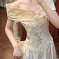 Cream‑Gold Vintage Satin Wedding Gown, V‑Neck Off‑The‑Shoulder Fold‑Over Cape Short Sleeves, Ornate Lace Appliqué Embroidery Bodice, Pointed Waist, A‑Line Long Train With Lace Hem, Prom Dress gh8640