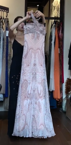 Dusty Pink Halter Vintage Symmetric Print Pleated Sheer Mesh Mermaid Long Evening Prom Dress gh9788