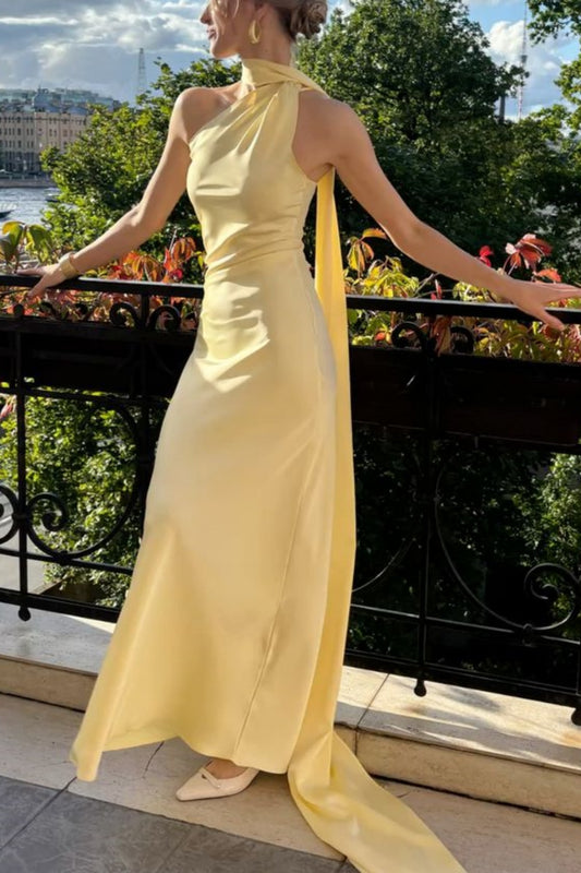 girlhomeshops-Yellow Elegant Simple Long Chiffon Satin Bridesmaid Dress gh5955