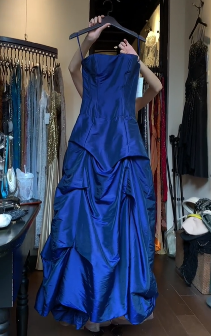 Spaghetti Strap Royal Blue Satin Prom Dress Draped Tiered Ruffle Formal Evening Gown gh9811