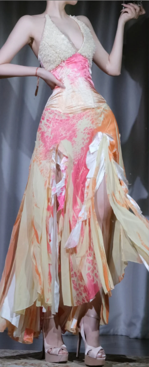 Deep V Halter Chiffon Evening Dress, Pink Orange Gradient Watercolor Print Irregular Ruffle High Slit Formal Gown gh9897