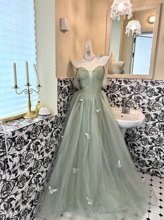 Light Green Strapless Waist-Cinched Full Flared Fairy Vintage Romantic Gown gh7560