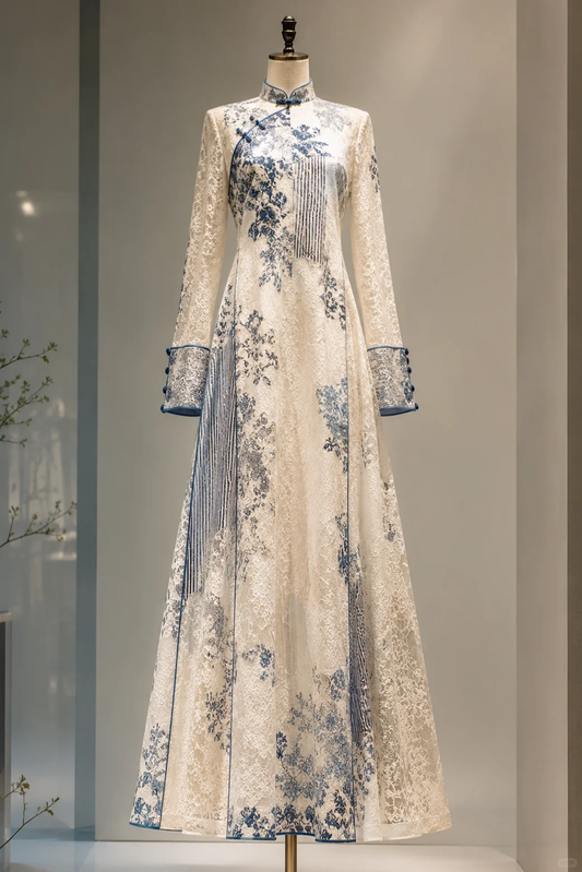 ✨Girlhomeshops-Chinese Style Blue White Floral Qipao Lace Evening Gown gh10343