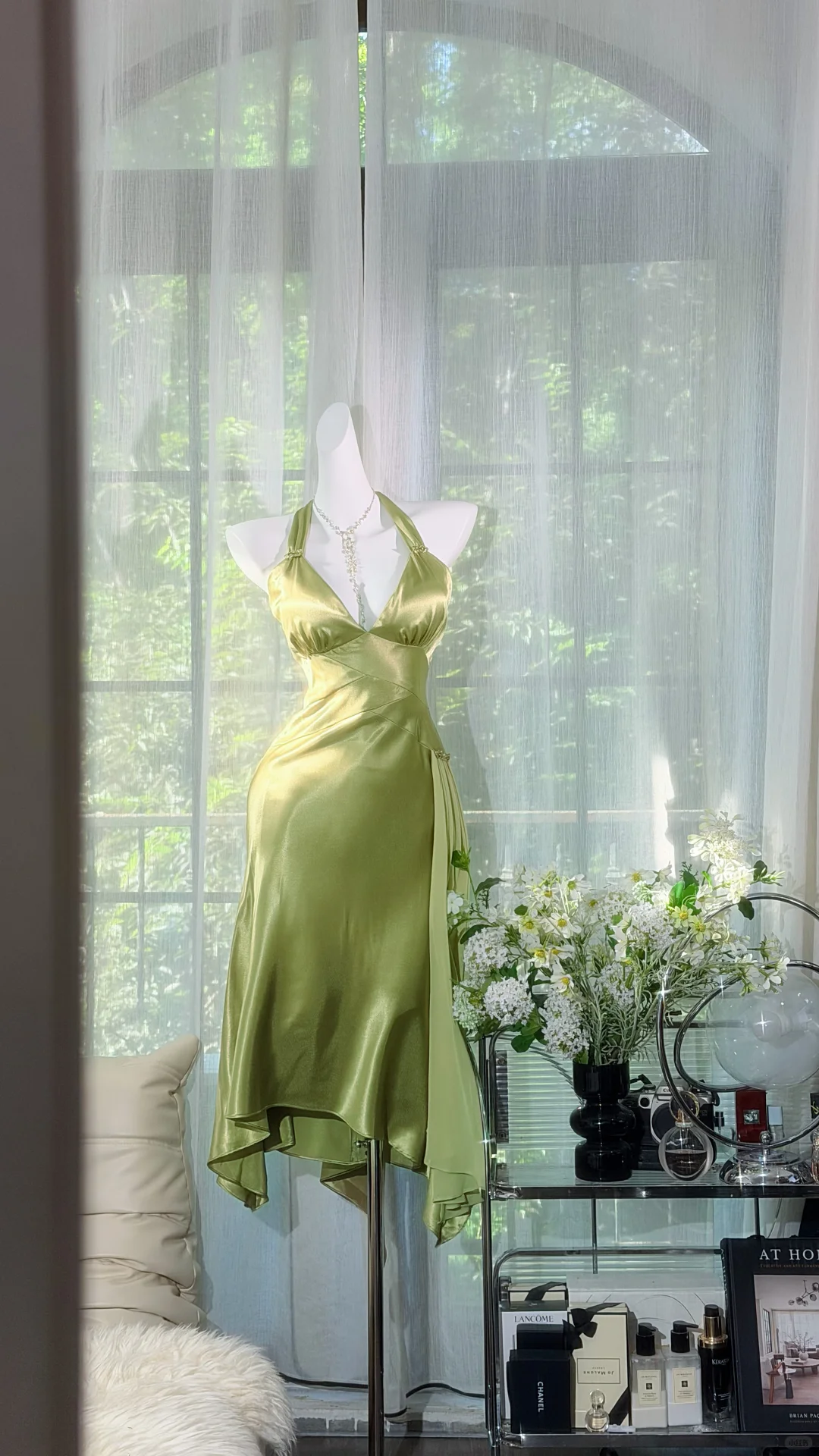 Olive Green Satin Halter Midi Prom Dress, Deep V Neck Ruched Waist Irregular Flowy Hem Evening Gown, Vintage Wedding Guest Dress with Side Sash gh9488