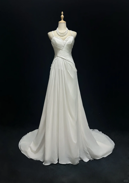 ✨Girlhomeshops-White Spaghetti Strap Sweetheart Chiffon Wedding Gown Sweep Train gh10145