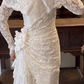 White Vintage Lace Mermaid Wedding Gown, Wide Lapel V‑Neck Long Sleeve 3D Floral Applique Slit Bridal Dress gh9067