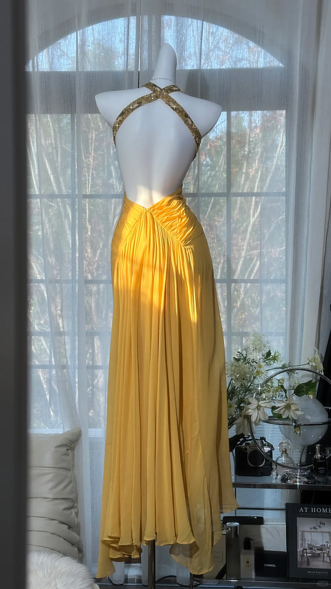 Golden Yellow Deep V Halter Ruched Chiffon Beaded Mermaid Long Evening Dress, Prom Gown gh9532