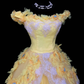 Yellow Off‑the‑Shoulder Princess Ball Gown, White Lace Applique Bodice, 3D Fabric Floral Ornaments, Lace Overlay Trim, Multi‑Layer Ruffled Chiffon Skirt, Cosplay Prom Dress gh8907