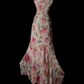 Vintage Pink Floral Chiffon Evening Gown, V‑Neck Sleeveless, 3D Flower Appliqué On Bust, Fitted Waist, Asymmetric Hanky Hem Mermaid Dress, Romantic Prom Party Gown gh8893