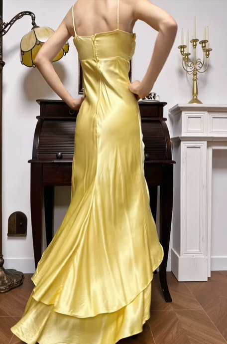 Golden Yellow Vintage Halter Strapless Prom Gown, Twisted Ruched Fitted Bodice, Ornament‑Button Knotted Draped Ruffle Mermaid Skirt, Lustrous Satin Asymmetrical Floor‑Length Evening Prom Dress gh8795