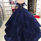Blue shiny elegant floral A-line long tulle ball gown evening dress gh3342
