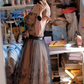 Elegant Nude Base Black Lace Square Neck Fitted Waist Flared Skirt Prom & Evening Party Dress gh8502