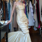 Champagne Satin Strapless Mermaid Evening Gown Beaded Bodice Ruched Skirt Long Prom Dress gh9722