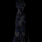 Black Evening Gown With Blue‑White Line Floral Print, Sleeveless Round Neck, Fitted Waist, Midi Mermaid Ruffled Hem, Vintage Formal Prom Party Dress gh8894
