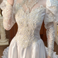White Vintage Satin Wedding Ball Gown, Tassel Illusion High Neck Over Sweetheart Neck, Puff Long Sleeves With Lace Sheer Arms, Heavy Lace Beaded Appliqué Pointed Waist, A‑Line Long Skirt With Scalloped Lace Hem, Prom Dress gh8648