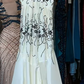 Ivory Spaghetti Straps V Neck Evening Gown Black Floral Beaded Irregular Ruffle Long Formal Prom Dress gh9741