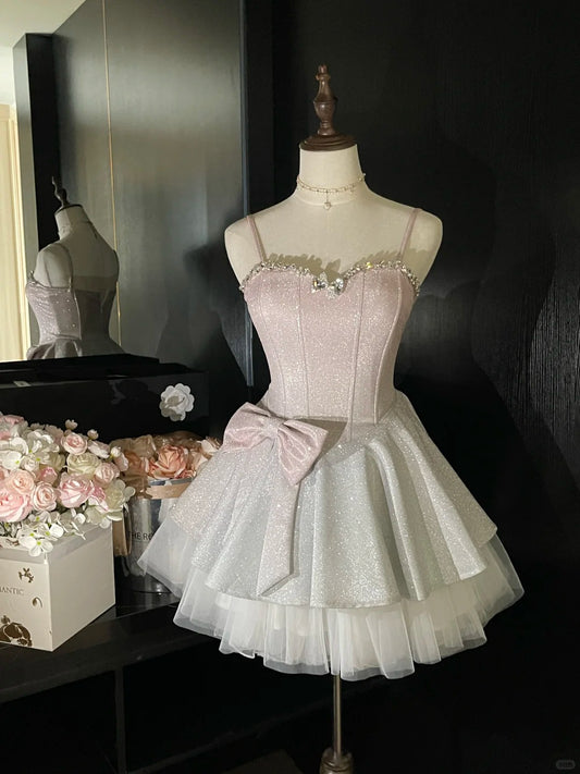 Robe de soirée rose pour poupée Barbie, robe courte brillante en satin et tulle, robe de bal, robe de soirée, robe d'anniversaire, gh4546