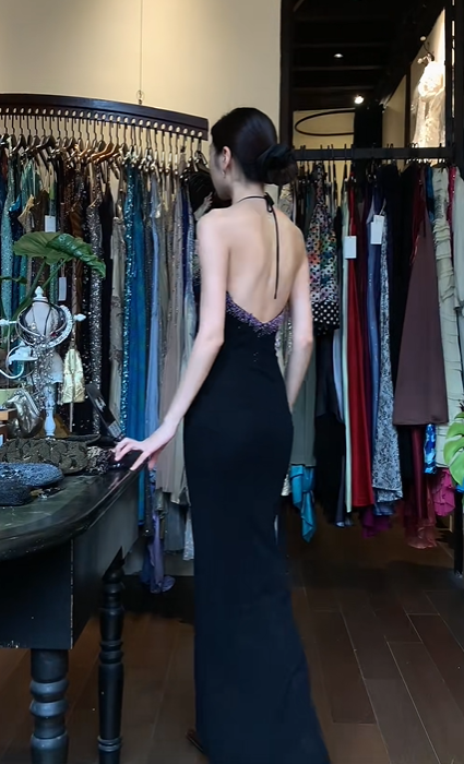 Black Halter Sweetheart Long Formal Gown Purple Rhinestone Beaded Mermaid Evening Dress gh9668