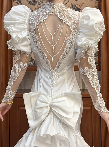 White Vintage Satin Mermaid Wedding Gown, V‑Neck Big Puff Short Sleeves, Sheer Lace Embroidered Long Sleeves, Full‑Body Lace Appliqués Fitted Mermaid Silhouette, Multi‑Layer Ruffle Tiered Mermaid Skirt, Prom & Wedding Dress gh8670