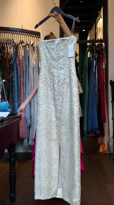 Strapless Ivory Sheath Evening Dress Allover Hand Beaded Swirl Embroidery Formal Gown gh9800