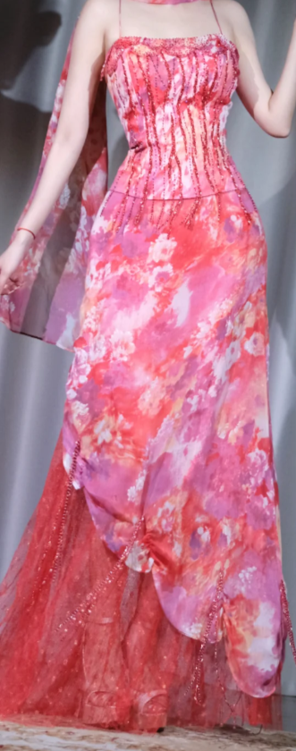 ✨Girlhomeshops-Watercolor Floral Prom Dress Pink Orange Spaghetti Strap Beaded Tassel Evening Gown gh9965