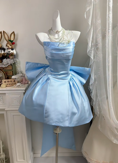 Light Blue Satin Strapless Short Princess Gown, Big Back Bow A-Line Homecoming Dress gh9286