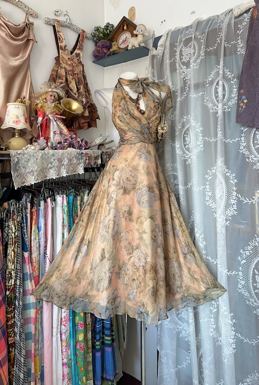 ✨Girlhomeshops-Vintage Floral Halter A-Line Gown Chiffon Bow gh10138