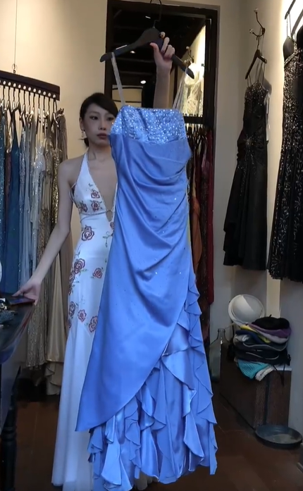 Spaghetti Strap Dusty Blue Prom Dress Beaded Sequin Draped Ruched Tiered Ruffle Satin Formal Gown gh9801