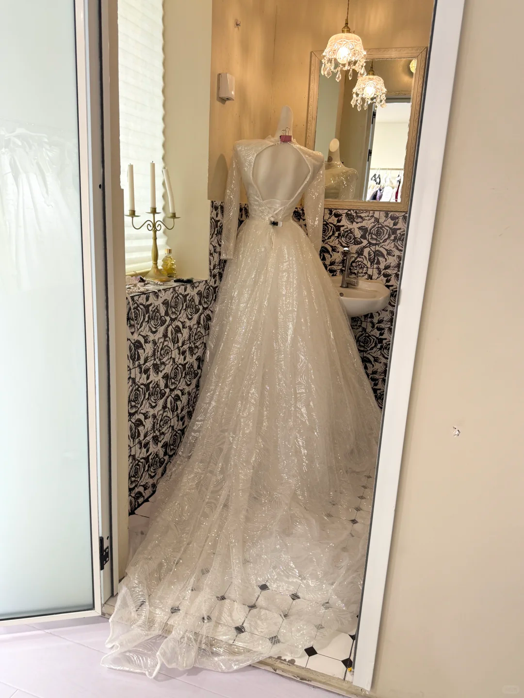 Ivory Sequin Long Sleeve Waist-Cinched Full Flared Skirt Luxury Romantic Dress, Wedding Gown gh7652