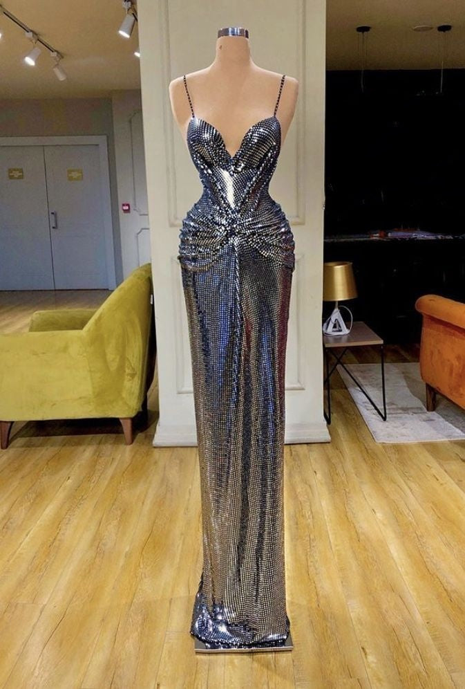 Girlhomeshops-Cyberpunk silber kalt metallic mode engen langen Ballkleid Abendkleid gh5021