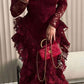 Glam Burgundy Lace Mermaid Maxi Dress | V-Neck Layered Ruffle Dress, Gala Friends Gathering Fashion Outfit gh6452