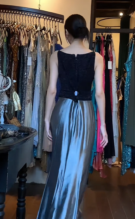 Two Tone Bateau Neck Evening Gown Black Beaded Bodice Metallic Satin Long Skirt Prom Dress gh9676