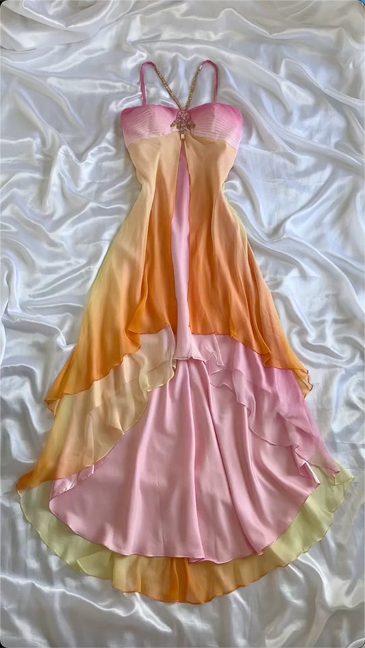 Robe de soirée longue en mousseline de soie rose orange élégante fantaisie robe de soirée robe de conte de fées gh3178