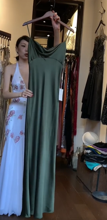 Olive Green Spaghetti Strap Cowl Neck Satin High Waist Long Evening Prom Dress gh9780