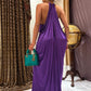 Halter Sleeveless Purple Satin Train Gown | Luxury Glam Open-Back Slit Maxi Dress for Gala Party gh6459