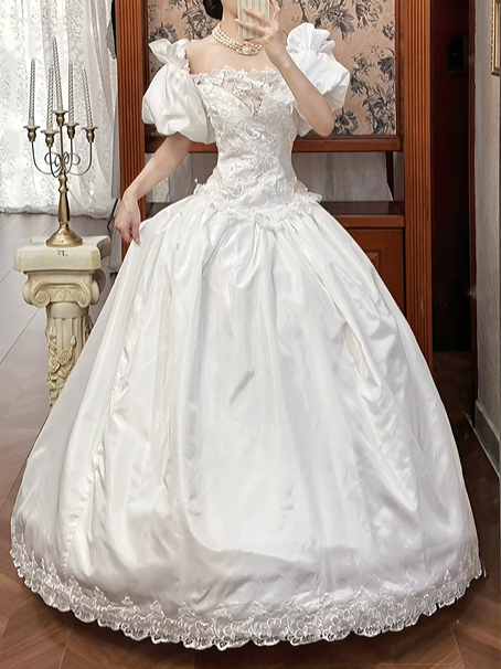 White Vintage Satin Ball Gown Wedding Prom Dress, Off‑the‑Shoulder Puff Short Sleeves, Floral Lace Appliqués, Scalloped Lace Hem gh8702