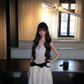 White Strapless Lace Long Evening Dress with Black Bow gh9413