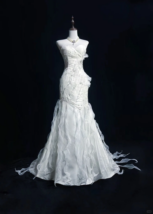 Sweetheart Strapless White Mermaid Bridal Gown Diagonal Ruched Bodice Wave Organza Ruffle Wedding Dress gh9560