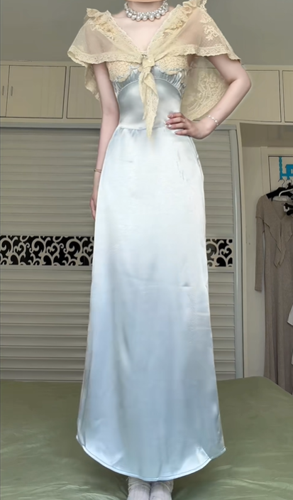 Light Ice Blue Satin Spaghetti Strap Long Evening Gown, V‑Neck Lace Bust Bow Bead Detail Sheath Formal Prom Dress gh8979