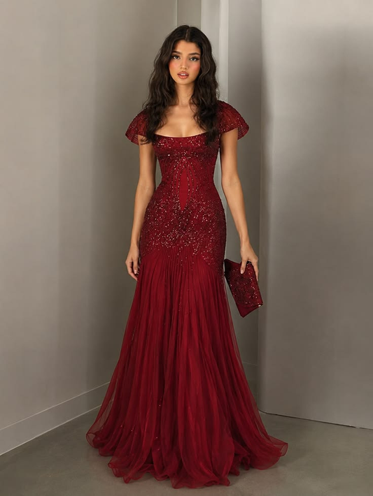 ✨Girlhomeshops-Burgundy Square Neck Sequin Mermaid Evening Gown gh10158