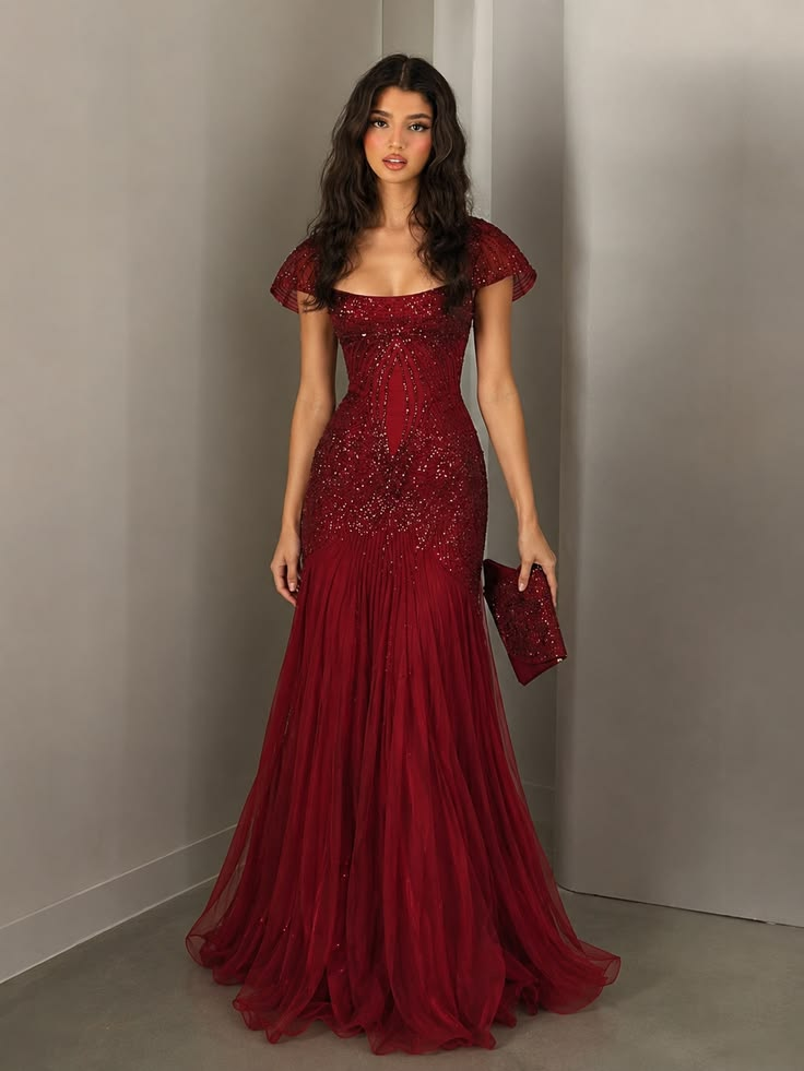 ✨Girlhomeshops-Burgundy Square Neck Sequin Mermaid Evening Gown gh10158