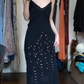 Black Spaghetti Strap Lace V Neck Hand Beaded Floral Mermaid Chiffon Long Evening Prom Dress gh9792