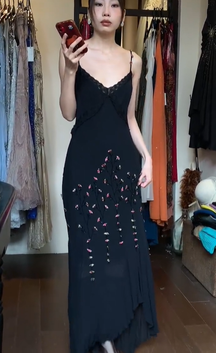 Black Spaghetti Strap Lace V Neck Hand Beaded Floral Mermaid Chiffon Long Evening Prom Dress gh9792